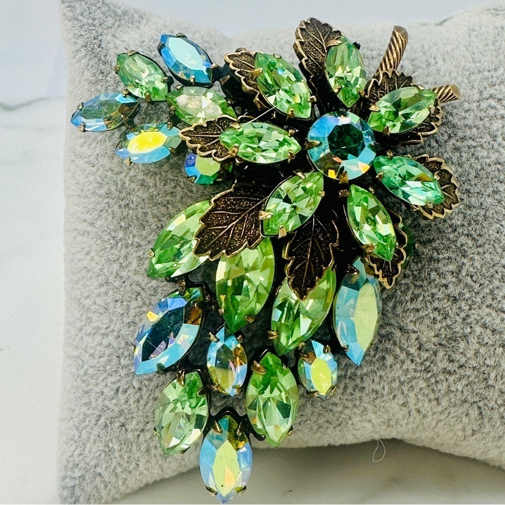 Vintage Signed Regency Brooch Pin Green Blue AB Navette Rhinestone Rare 50s 60s